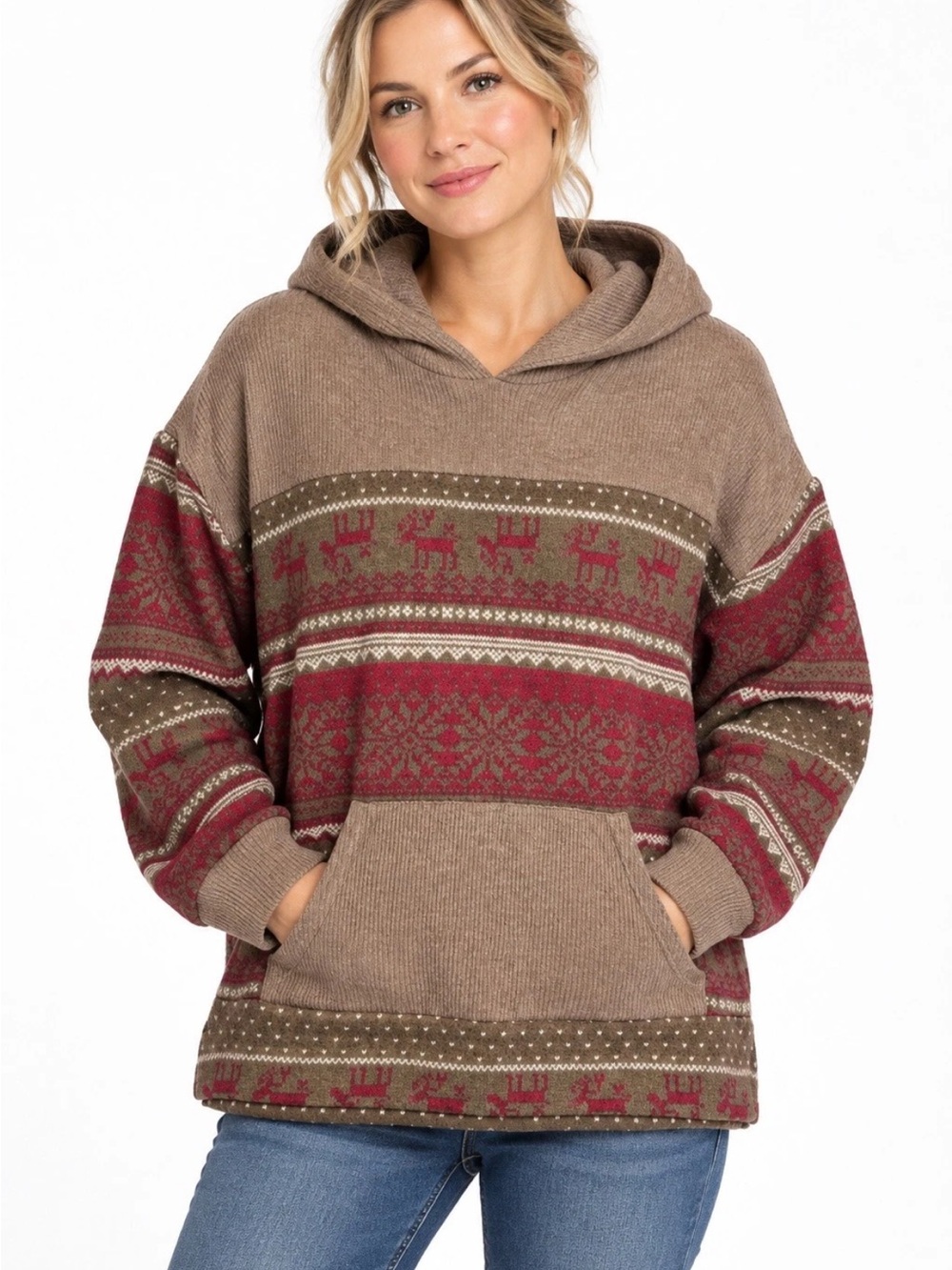 Honeyme Winter Print Hoodie Brown Burgundy Womens Small Cozy Holiday